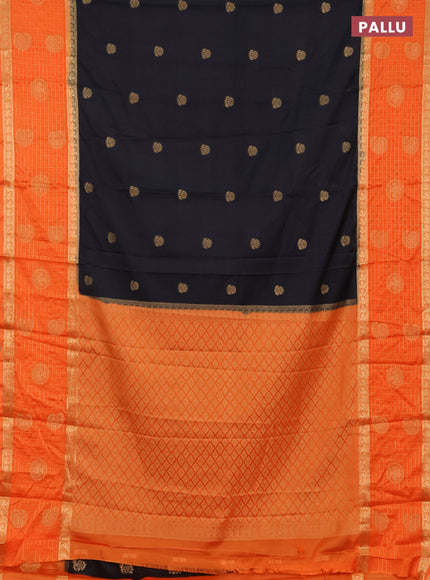 Semi mysore silk saree black and orange with zari woven buttas and long zari woven butta border