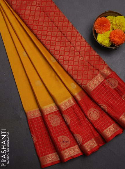 Semi mysore silk saree mustard yellow and orange with zari woven buttas and long zari woven butta border