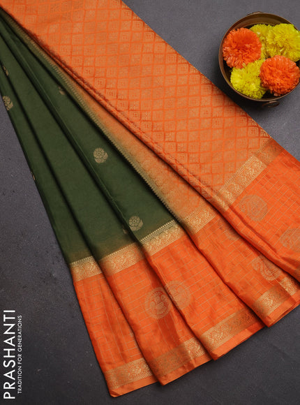 Semi mysore silk saree olive green and orange with zari woven buttas and long zari woven butta border