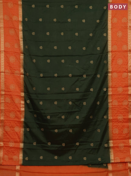 Semi mysore silk saree olive green and orange with zari woven buttas and long zari woven butta border