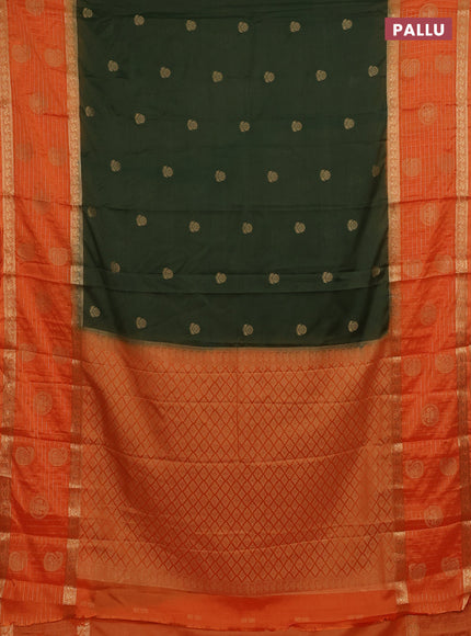 Semi mysore silk saree olive green and orange with zari woven buttas and long zari woven butta border