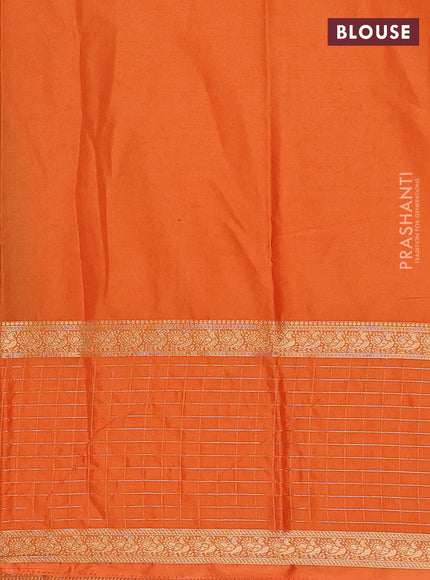Semi mysore silk saree olive green and orange with zari woven buttas and long zari woven butta border