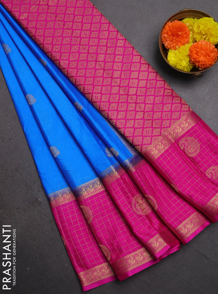 Semi mysore silk saree cs blue and pink with zari woven buttas and long zari woven butta border