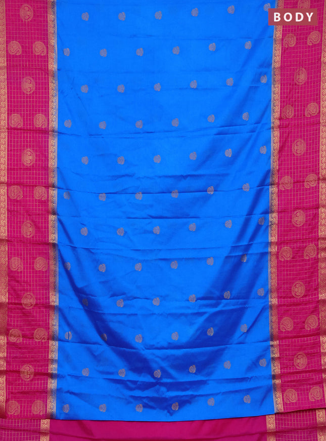 Semi mysore silk saree cs blue and pink with zari woven buttas and long zari woven butta border