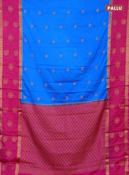 Semi mysore silk saree cs blue and pink with zari woven buttas and long zari woven butta border