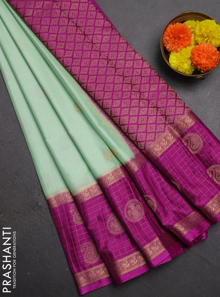 Semi mysore silk saree mild teal and magenta pink with zari woven buttas and long zari woven butta border