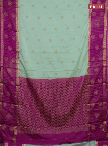Semi mysore silk saree mild teal and magenta pink with zari woven buttas and long zari woven butta border