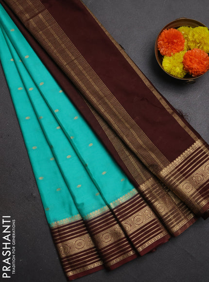 Semi mysore silk saree teal green and maroon with allover zari woven buttas and zari woven border