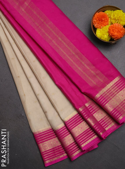 Semi mysore silk saree beige and pink with allover zari woven buttas and zari woven border