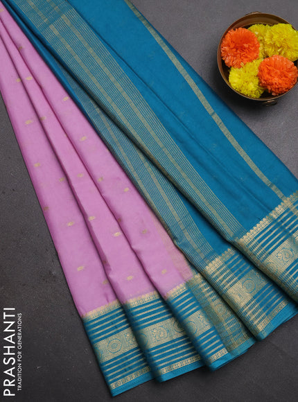 Semi mysore silk saree light pink and teal blue with allover zari woven buttas and zari woven border