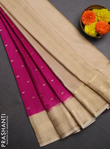 Semi mysore silk saree magenta pink and beige with allover zari woven buttas and zari woven border