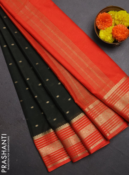 Semi mysore silk saree olive green and orange with allover zari woven buttas and zari woven border