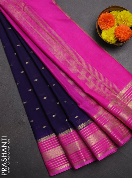 Semi mysore silk saree navy blue and pink with allover zari woven buttas and zari woven border