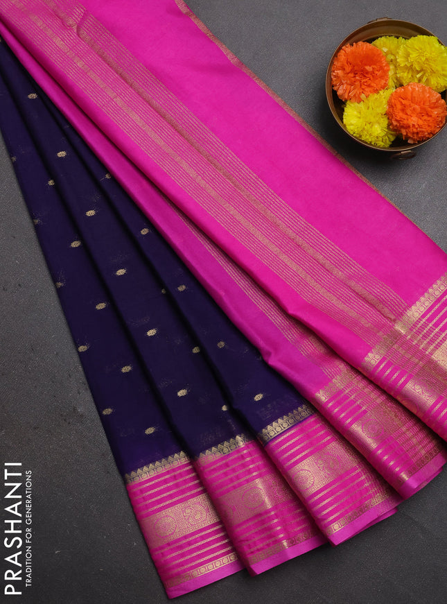 Semi mysore silk saree navy blue and pink with allover zari woven buttas and zari woven border