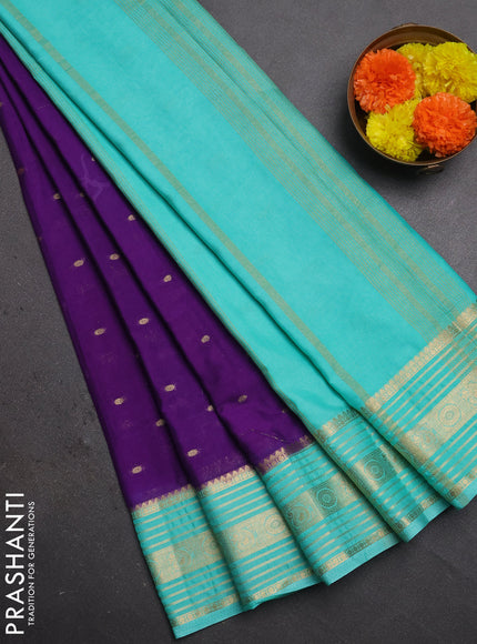 Semi mysore silk saree purple and teal green with allover zari woven buttas and zari woven border