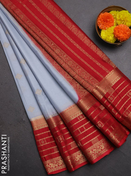 Semi mysore silk saree pastel grey and red with zari woven buttas and long zari woven border