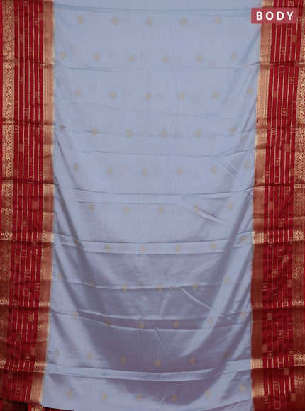 Semi mysore silk saree pastel grey and red with zari woven buttas and long zari woven border