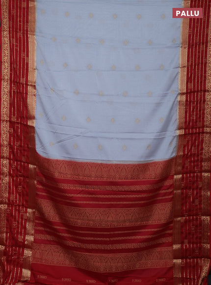 Semi mysore silk saree pastel grey and red with zari woven buttas and long zari woven border