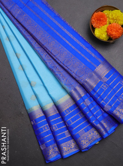 Semi mysore silk saree blue and royal blue with zari woven buttas and long zari woven border