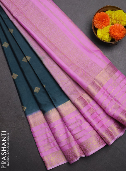 Semi mysore silk saree dark peacock green and lotus pink with zari woven buttas and long zari woven border