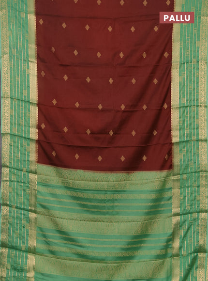 Semi mysore silk saree rust shade and pastel green with zari woven buttas and long zari woven border
