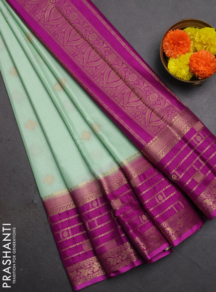 Semi mysore silk saree mild teal and magenta pink with zari woven buttas and long zari woven border