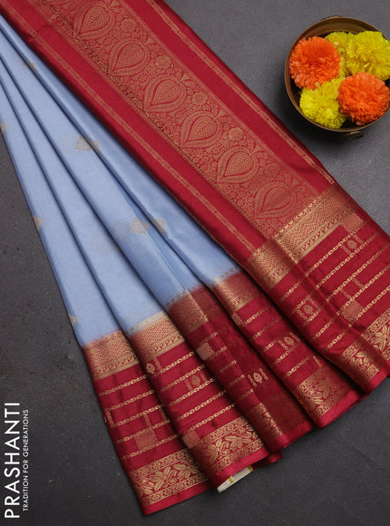 Semi mysore silk saree greyish blue and red with zari woven buttas and long zari woven border