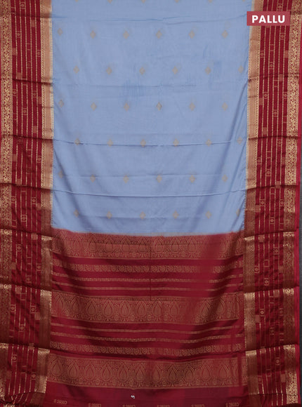 Semi mysore silk saree greyish blue and red with zari woven buttas and long zari woven border