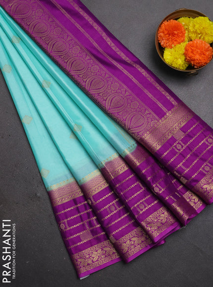 Semi mysore silk saree teal shade and purple with zari woven buttas and long zari woven border