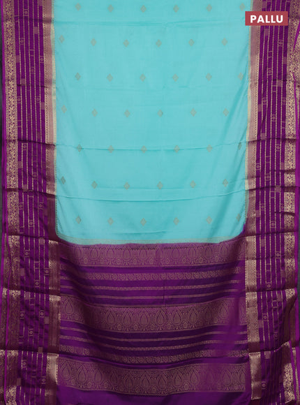 Semi mysore silk saree teal shade and purple with zari woven buttas and long zari woven border