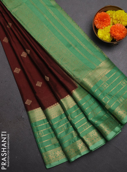 Semi mysore silk saree brown and pastel green with zari woven buttas and long zari woven border