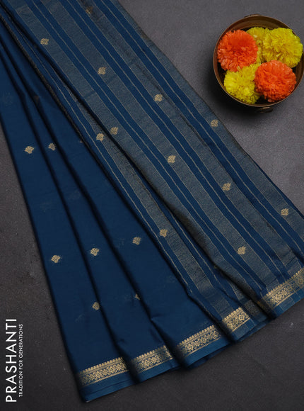 Semi mysore silk saree peacock blue with allover zari woven buttas and zari woven border
