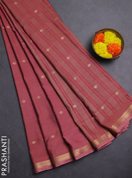 Semi mysore silk saree dark peach with allover zari woven buttas and zari woven border
