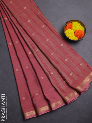 Semi mysore silk saree dark peach with allover zari woven buttas and zari woven border