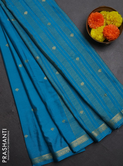 Semi mysore silk saree teal blue with allover zari woven buttas and zari woven border