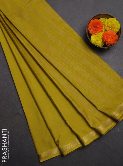 Semi mysore silk saree mustard green with plain body and small zari woven border