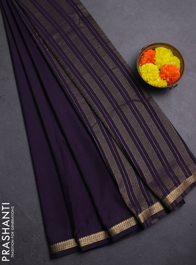 Semi mysore silk saree deep jamun with plain body and small zari woven border