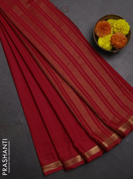Semi mysore silk saree red with plain body and small zari woven border