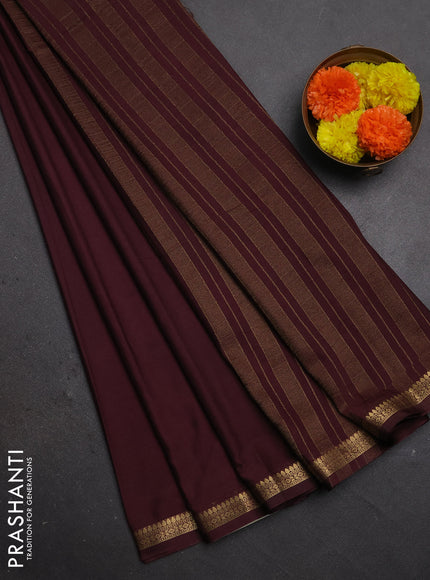 Semi mysore silk saree coffee brown with plain body and small zari woven border