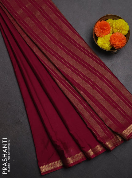 Semi mysore silk saree wine shade with plain body and small zari woven border