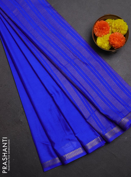Semi mysore silk saree royal blue with plain body and small zari woven border