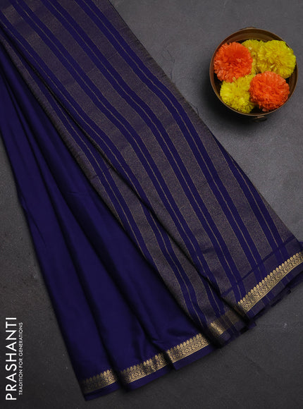 Semi mysore silk saree navy blue with plain body and small zari woven border
