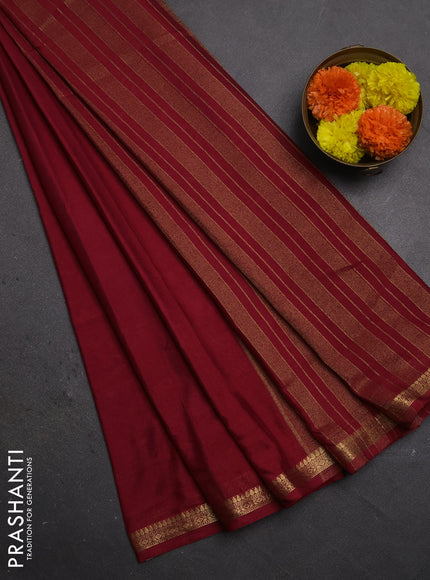 Semi mysore silk saree maroon with plain body and small zari woven border