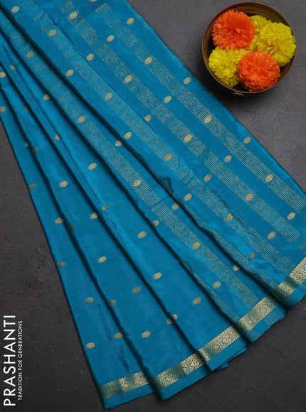 Semi mysore silk saree teal blue with allover zari woven buttas and small zari woven border