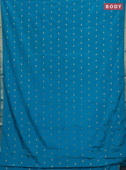 Semi mysore silk saree teal blue with allover zari woven buttas and small zari woven border