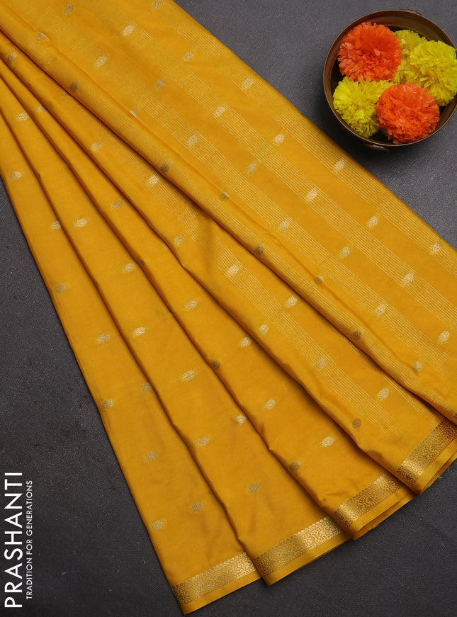 Semi mysore silk saree yellow with allover zari woven buttas and small zari woven border