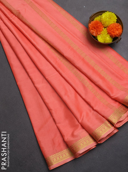 Semi mysore silk saree peach shade with plain body and small zari woven border