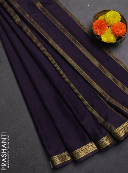 Semi mysore silk saree deep jamun with plain body and small zari woven border