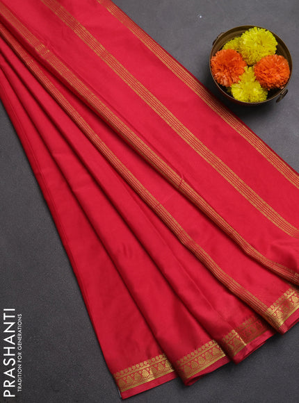 Semi mysore silk saree cherry red with plain body and small zari woven border