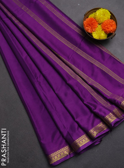 Semi mysore silk saree dark purple with plain body and small zari woven border
